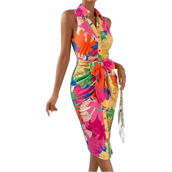 Amazon Dresses & Skirts - Amazon Vibrant Tropical Floral Sleeveless Button-Down Midi Dress with Waist Tie